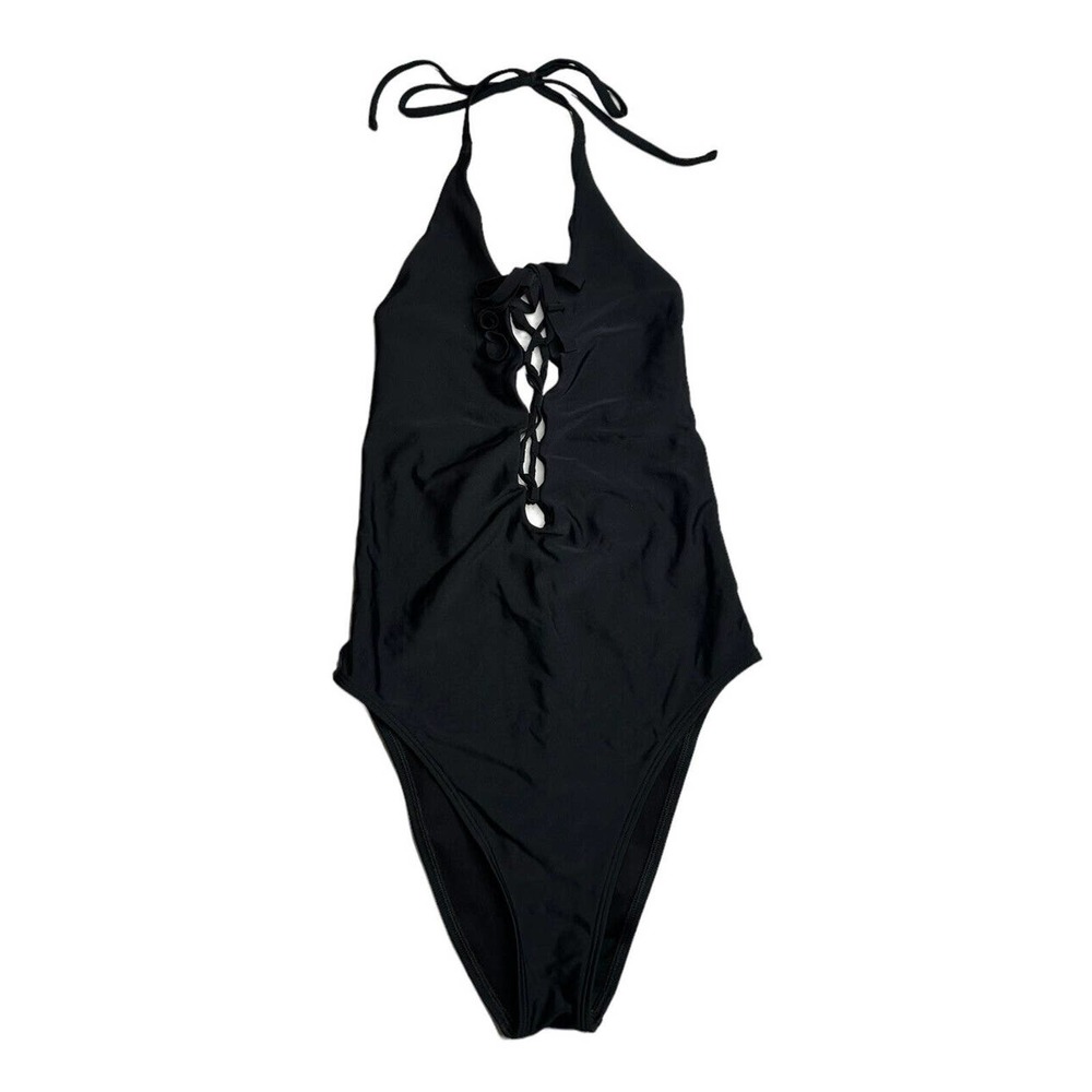 Aerie Solid Black Lace Up Front Plunge One Piece Halter Swimsuit Maillot Size M
